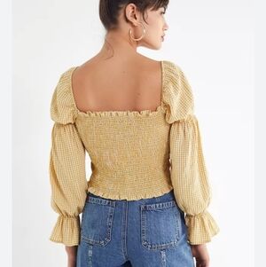 Urban Outfitters Smocked Gingham Off-Shoulder Long Sleeve Top - Blue/White L